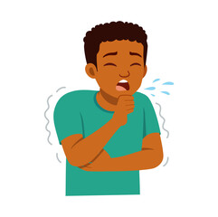 African American Boy Coughing Covering Mouth with Hand in Teal Shirt Illustration