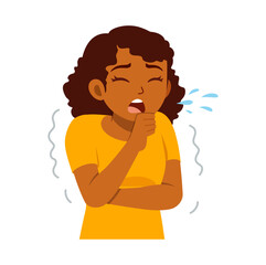 African American woman coughing with hand on chest showing flu symptoms in cartoon illustration style