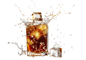 Splashing cola drink with ice cubes