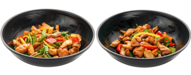 Two black bowls of stir-fried chicken with colorful bell peppers and green beans
