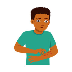 African American Boy with Skin Rash on Arm Looking Concerned in Illustration Style
