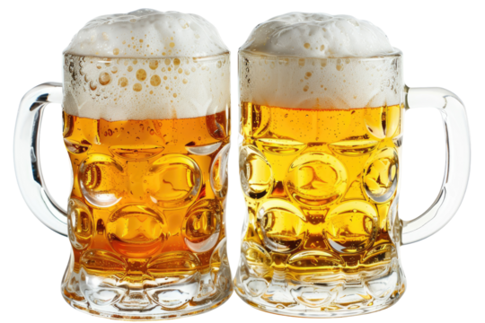 Two full mugs of light golden beer, frothy tops