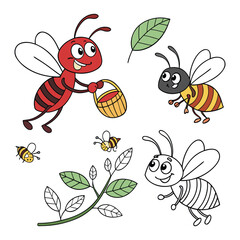 Cute cartoon bee with yellow wings flying near a flower