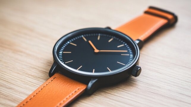 Stylish minimalist wristwatch featuring a black dial and orange leather strap