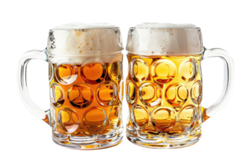 Two mugs of light amber beer, frothy tops