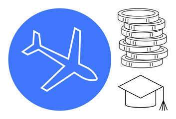 Airplane in blue circle, stack of coins, graduation cap. Ideal for travel, finance, education, scholarship, global mobility career planning and budgeting concepts. Simple flat metaphor