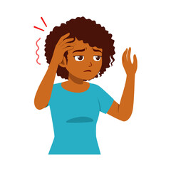 Stressed African American Woman Holding Head with Worried Expression in Illustration Style