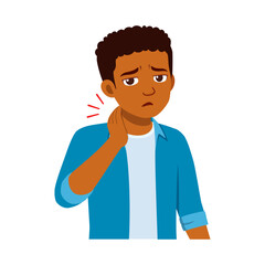African American boy touching neck in pain with sad expression in illustration style