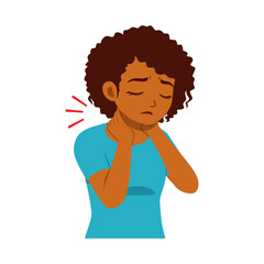 African American Woman with Neck Pain and Headache Holding Neck in Illustration