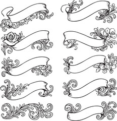 Collection of Ten Ornate Banners with Floral and Scroll Embellishments in Black and White