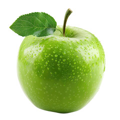 A vibrant, glossy green apple, dew-kissed, with a single leaf