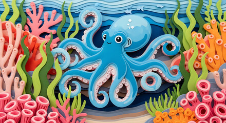 Cheerful blue octopus amidst vibrant coral reef, crafted from layered paper.