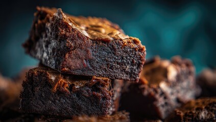 Close-up of rich, gooey brownies stacked high
