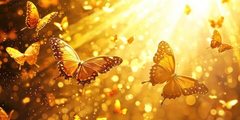 Butterflies with glowing wings flying through golden sunrays Stock photo