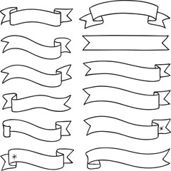 Variety of Hand Drawn Ribbon Banners in Black and White Outline Style