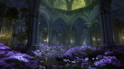 Naklejka premium Photorealistic interior overgrown with violet flowers and daisies, creating magical atmosphere
