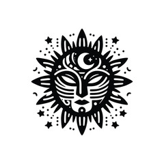 Fototapeta premium Tribal masks representing night, crescent moon and stars are integrated