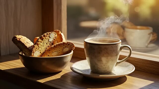 Cozy morning scene with coffee and biscotti by window