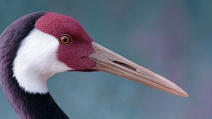 Obraz premium Close up profile of a white naped crane's head and neck against a blurred background