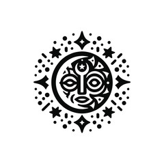 Tribal masks representing night, crescent moon and stars are integrated