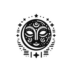 Tribal masks representing night, crescent moon and stars are integrated