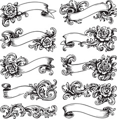 Collection of Elegant Black and White Floral Banners and Scrolls for Design