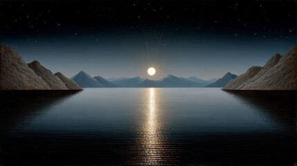 A serene lake reflects the suns bright rays amidst majestic mountains under a starry sky