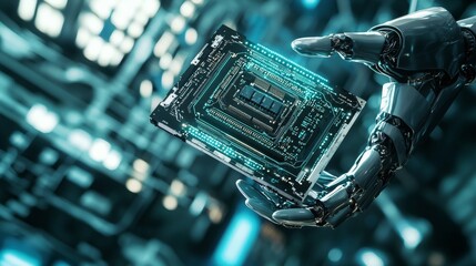 Modern Authentic Robot Arm Holding Contemporary Super Computer Processor Moving into Focus
