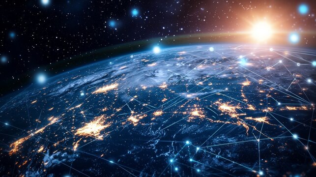 Global network and internet connection in orbital earth globe