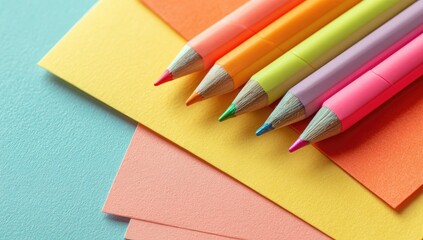 Colorful pencils on layered pastel paper