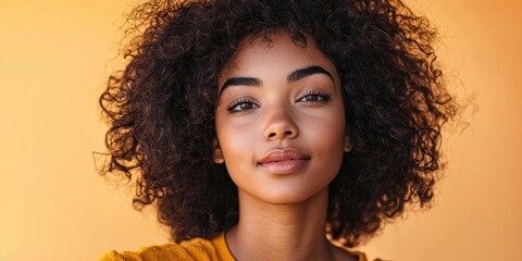 Confident female client with bronzed skin and wig, minimal backdrop, direct eye contact Stock photo