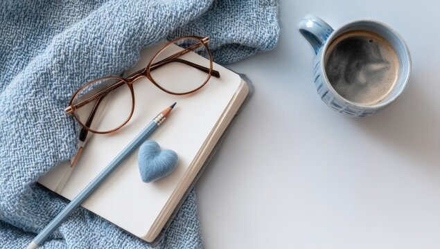 Light blue sweater, glasses, notebook, pencil, heart, coffee cup