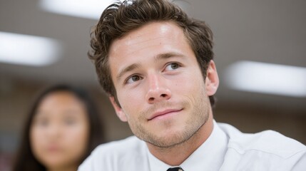 Naklejka premium Young man in a white shirt and tie looking to the side with a blurred person in the background