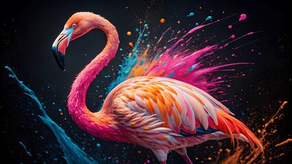 Colorful flamingo with vibrant splashes of paint on a dark background