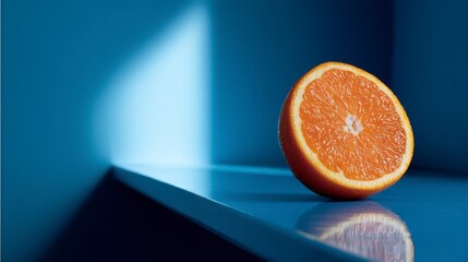 Sliced orange segment rests on a blue surface with soft light highlighting its texture