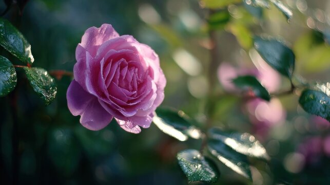 Closeup purple rose with dew drops