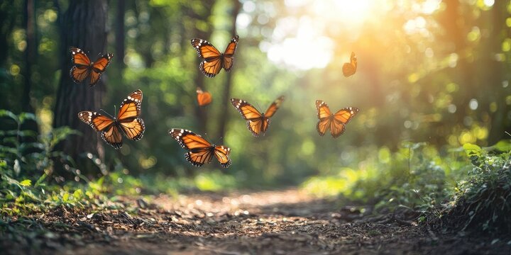 Five butterflies gliding above forest trail, natural vibrant tones Stock photo