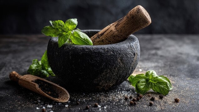 Dark stone mortar and pestle with fresh basil and spices
