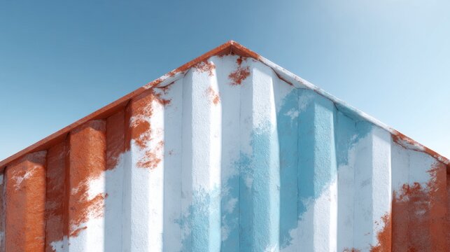 Corrugated metal shipping container roof section with weathered white and blue paint against a clear sky