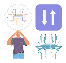 Man wearing glasses thinking beneath circuit-thumbs up brain, chip diagram, and up-and-down arrows symbolizing data flow. Ideal for technology, learning, AI, innovation, brainstorming, connectivity