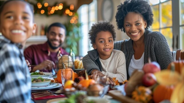 Thanksgiving with mixed-race family smiling together stock photo --ar 16:9 --raw --v 6 Job ID: ec72dd39-9523-4244-81d5-fb91b3b6c24e