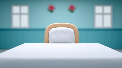 Empty white table and a cushioned wooden chair in a room with blue walls and two windows