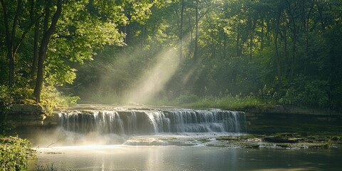 Forest sunbeams filter through rising mist of waterfall basin, surrounded by rich woodland flora Stock photo