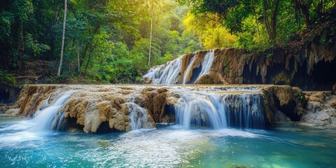 Freshwater cascade over steep cliff, turquoise water splashing against stones, vibrant forest background Stock photo