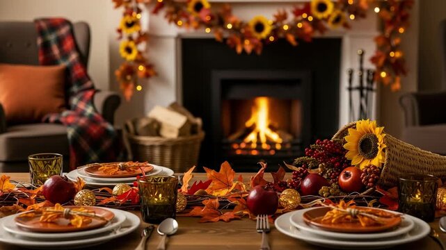 Festive Thanksgiving dinner table setting with a cornucopia centerpiece. Cozy autumn scene with a fireplace in the background.