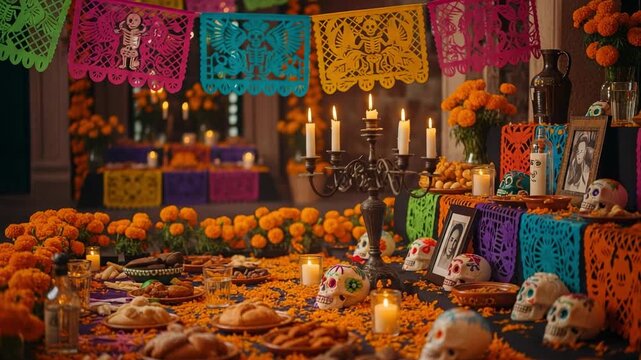 Colorful Day of the Dead altar with sugar skulls, marigolds, and offerings. Traditional Mexican ofrenda for a spiritual holiday celebration with candles.