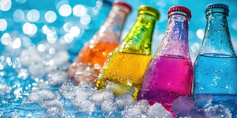 Glass drink bottles with vivid colors lying on crushed ice in a water-filled empty pool Stock photo