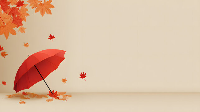 Red umbrella with autumn leaves, and fall.