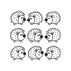  A black and white line art illustration of nine adorable cartoon hedgehogs on white Background. 