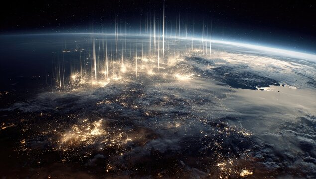 Earth at night, glowing cities, streaking lights - Powered by Adobe